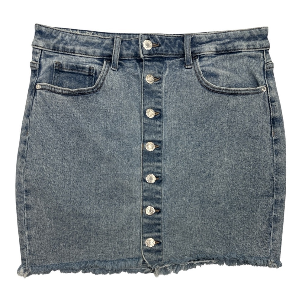 GUESS Button Front Denim Mini Skirt Frayed Hem Sz US XL